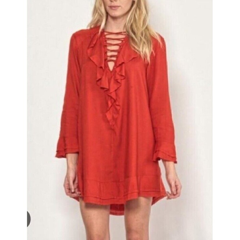 IRO Woman's Sz 40 US Sz 8 Florine Red Lace Up Raw Hem Shift Mini Dress